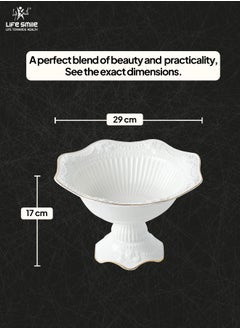 Life Smile LIFE SMILE Round Bone China Serving Bowl With Gold Stand  - Fruit Basket For Fruit Vegetable Storage Snack Nuts Cake Dessert  - Image 3