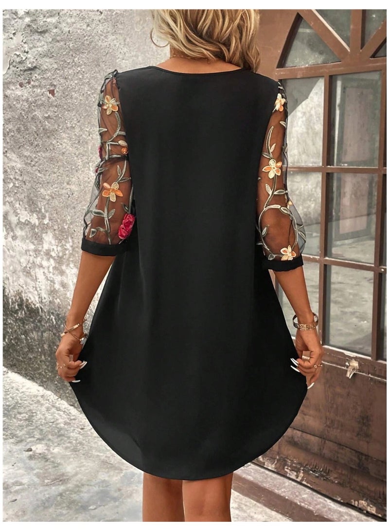 general 2025-2026 Round-neck lace three-quarter sleeve fitted dress with a waistline design - Image 2