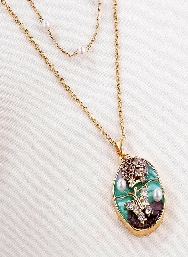 يوفينغ قلادة تشوكر من اللؤلؤ للنساء، قلادة رقيقة بتصميم لوحة زيتية، سلسلة متعددة الطبقات، مجوهرات عصرية، هدايا، فراشة - Image 3