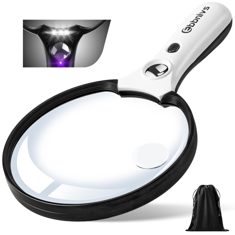 Ebbnivs Large Magnifying Glass with Light, Magnifier Handheld Illuminated Lighted Magnifier with 3 LED Lights 1 UV Light Storage Bag Clean Cloth for Seniors Reading Inspection - Image 1