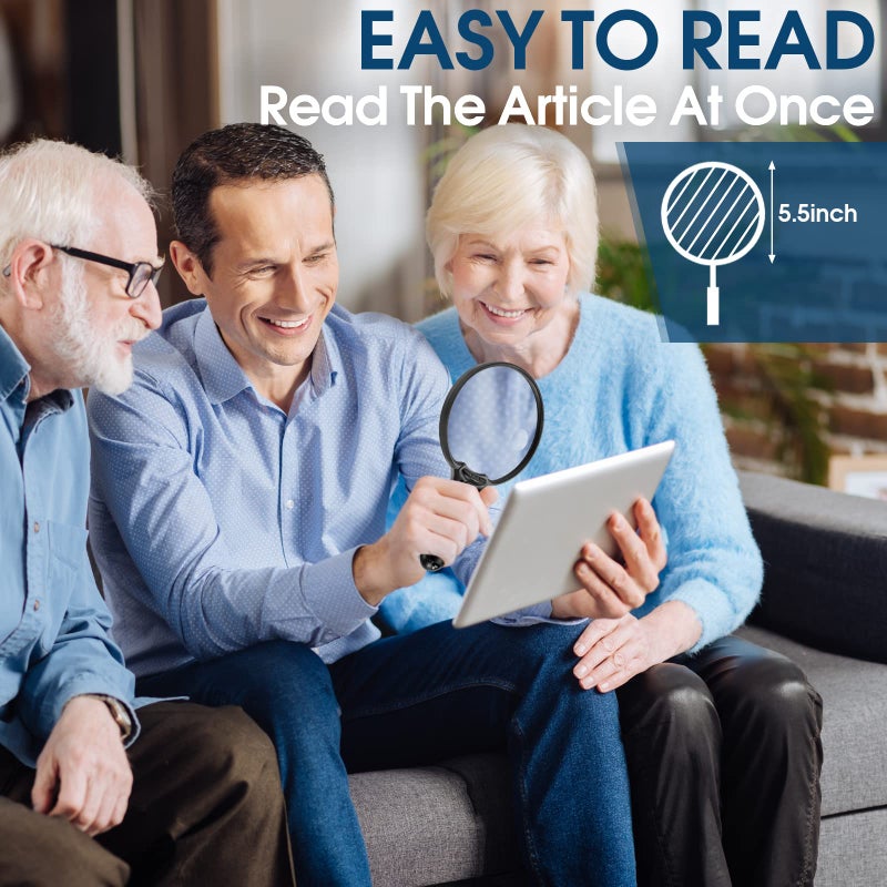 Ebbnivs Large Magnifying Glass with Light, Magnifier Handheld Illuminated Lighted Magnifier with 3 LED Lights 1 UV Light Storage Bag Clean Cloth for Seniors Reading Inspection - Image 3