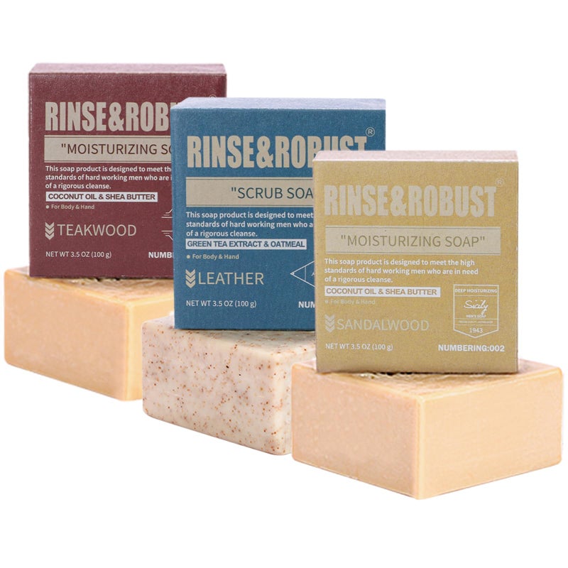 Rinse & Robust Mens Bar Soap Bath Bar Soap 3Pack Handmade Natural Soap Bar Set Cleansing Bar Moisturizing&Exfoliating Scrub Soap Gift Set for Men | Leather, Sandalwood, Teakwood | 3.5 oz of 3 Bars - Image 1