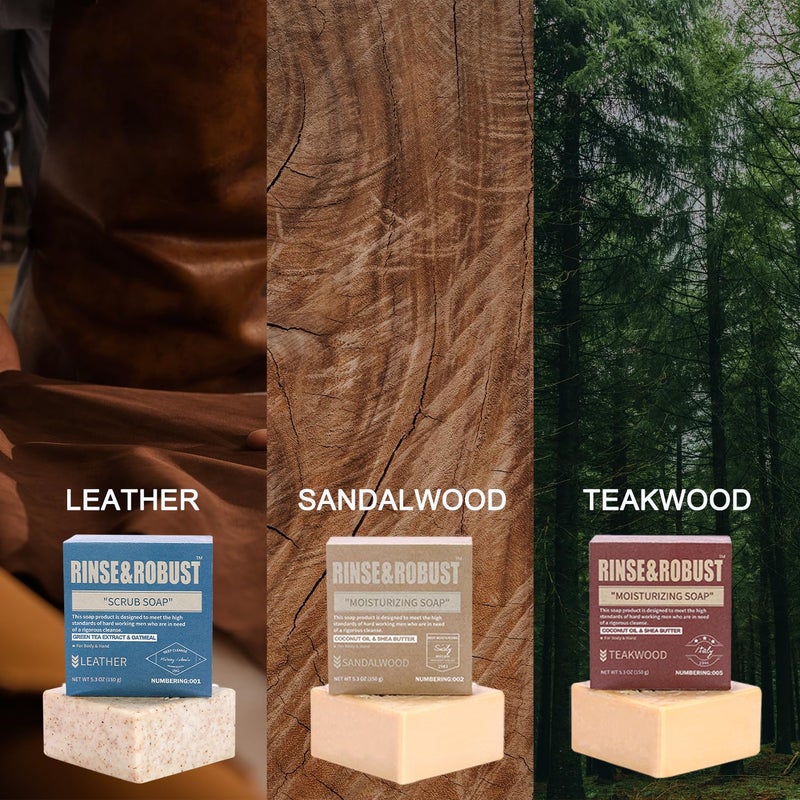Rinse & Robust Mens Bar Soap Bath Bar Soap 3Pack Handmade Natural Soap Bar Set Cleansing Bar Moisturizing&Exfoliating Scrub Soap Gift Set for Men | Leather, Sandalwood, Teakwood | 3.5 oz of 3 Bars - Image 5