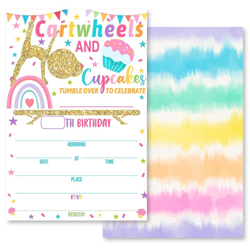Grace Yonks Cartwheels and Cupcakes Birthday invitation Gymnastics Party invite Tumbling Birthday 20 Invitations and Envelopes Birthday party Invitations Birthday Party Supplies024