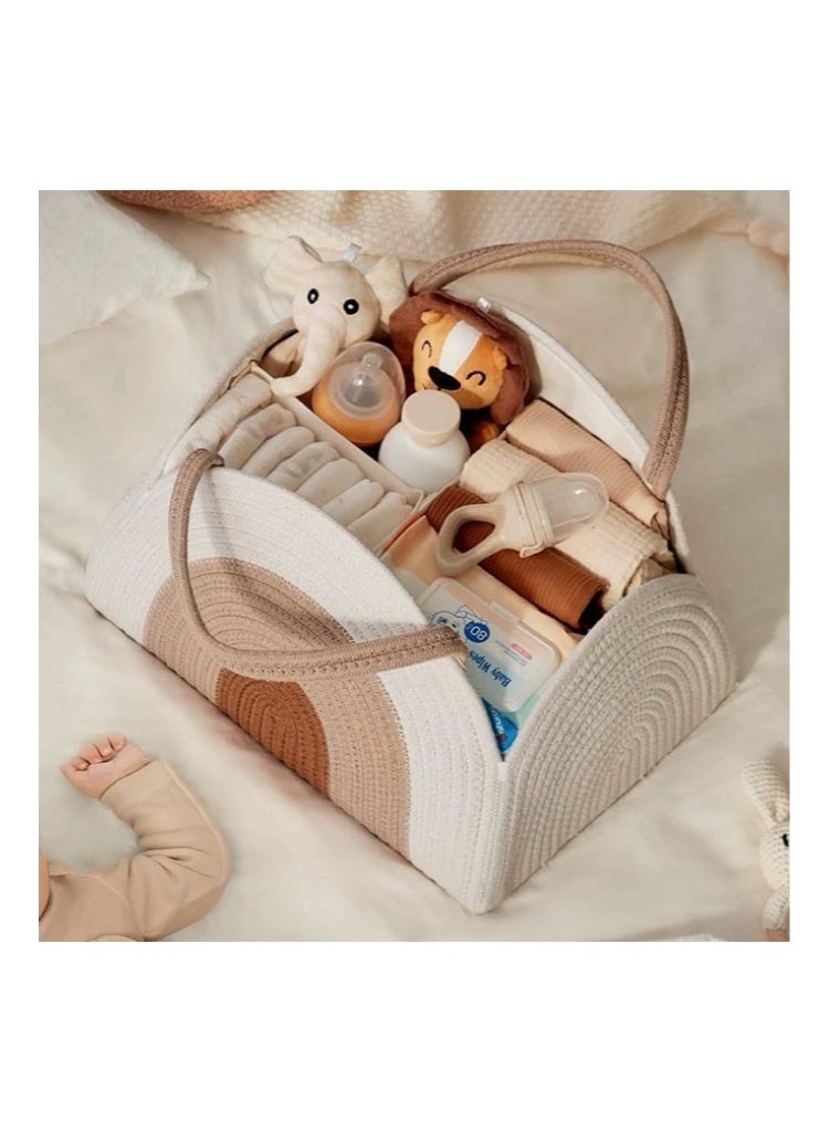 Newborn Diaper Caddy Organizer - Handwoven Cotton Rope Diaper Basket for Baby Nursery, Large Capacity Storage Bin for Diapers, Wipes & Baby Essentials, Foldable Nursery Organizer 32*20*22CM (Natural White) - Image 5