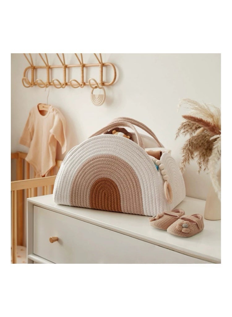 Newborn Diaper Caddy Organizer - Handwoven Cotton Rope Diaper Basket for Baby Nursery, Large Capacity Storage Bin for Diapers, Wipes & Baby Essentials, Foldable Nursery Organizer 32*20*22CM (Natural White) - Image 4