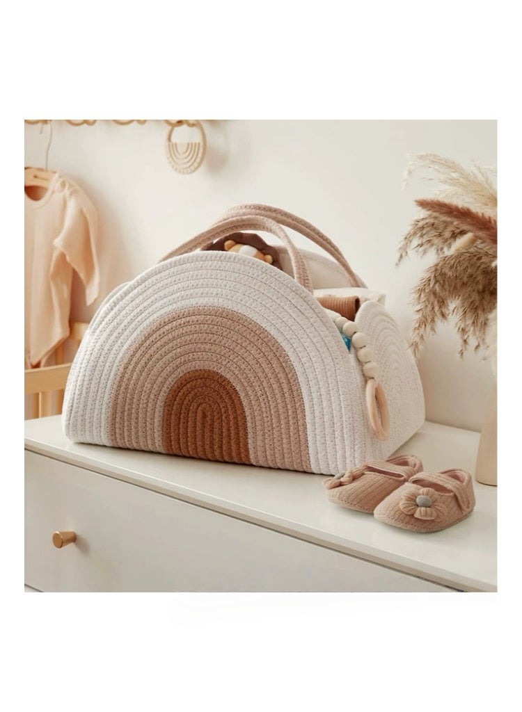 Newborn Diaper Caddy Organizer - Handwoven Cotton Rope Diaper Basket for Baby Nursery, Large Capacity Storage Bin for Diapers, Wipes & Baby Essentials, Foldable Nursery Organizer 32*20*22CM (Natural White) - Image 3