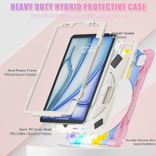 ProElite Rugged 3 Layer Armor case for iPad Air 11 M4/M3/M2 2026/2025/2024/iPad Air 5th/4th Gen 10.9/iPad Pro 11 4th/3rd Gen with Pencil Holder, Hand Grip and Rotating Kickstand, Rainbow Pink - Image 2