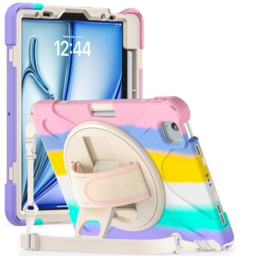 ProElite Rugged 3 Layer Armor case for iPad Air 11 M4/M3/M2 2026/2025/2024/iPad Air 5th/4th Gen 10.9/iPad Pro 11 4th/3rd Gen with Pencil Holder, Hand Grip and Rotating Kickstand, Rainbow Pink - Image 1