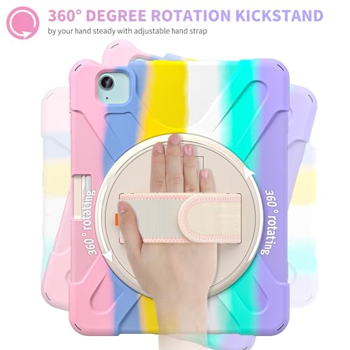 ProElite Rugged 3 Layer Armor case for iPad Air 11 M4/M3/M2 2026/2025/2024/iPad Air 5th/4th Gen 10.9/iPad Pro 11 4th/3rd Gen with Pencil Holder, Hand Grip and Rotating Kickstand, Rainbow Pink - Image 3