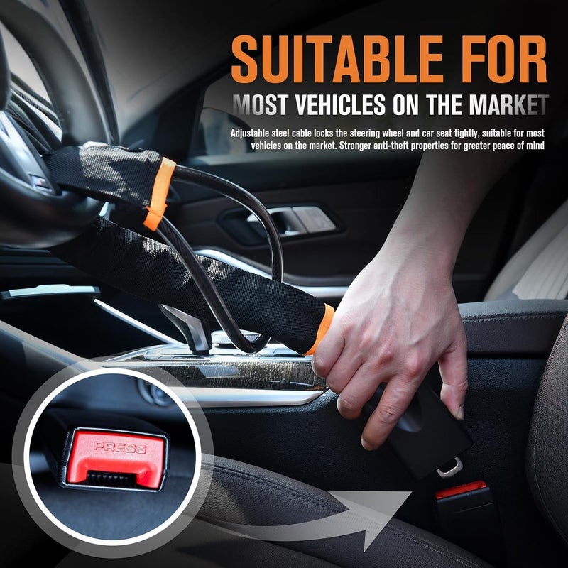 Autobizarre Anti-Theft Heavy Duty Car Security Adjustable Car Steering Wheel Lock with Seat Belt Lock Universal for All Cars (Orange Black) - Image 3