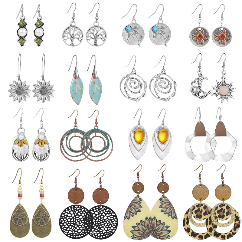Funtopia 16 Pairs Earrings for Women Trendy, Funtopia Vintage Dangle Earrings for Women, Boho Statement Sunflower Round Geometric Earrings Wooden Leather Bohemian Earrings Jewelry - Image 1