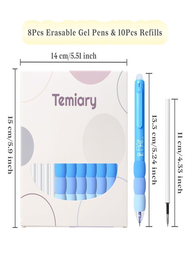 Temiary 18Pcs Aesthetic Retractable Erasable Gel Pens, Make Mistakes Disappear, 8 Pens & 10 Refills, Cartoon Smooth Writing Pen, 0.5 mm Black & Blue Ink Pen, Office School Supplies. (Blue Theme） - Image 2