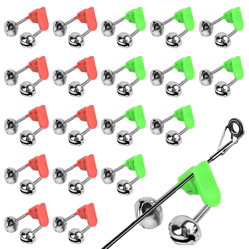 Benvo 20 Pcs Fishing Rod Alarm Loud Dual Alert Bells Fishing Bells Clips for Fish Strike Silver Tone Red and Green