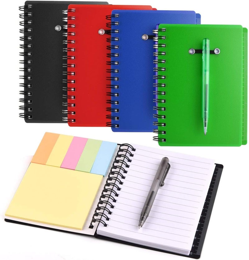 Excefore 4 Pcs Spiral Notebook Steno Pocket Notepad with Pen in Holder and Sticky Notes, Page Marker Index Tabs Flags Making Plans Writing Memos Office School Supplies (Black, Blue, Red, Green) - Image 1