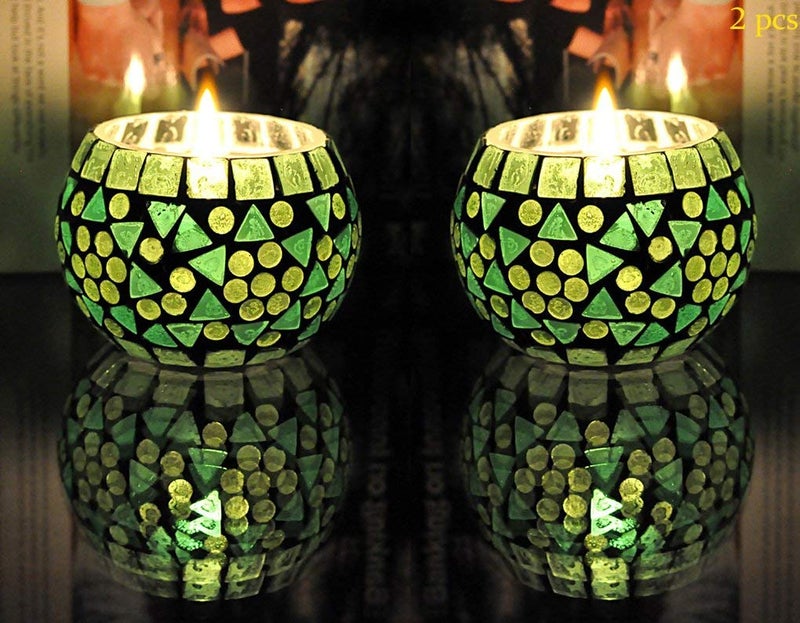 The Victory Valentines Day Party Decorative Mosaic Glass Tea Light Candle Holder Light 3 Inch Candle Included Set of 2 Pcs