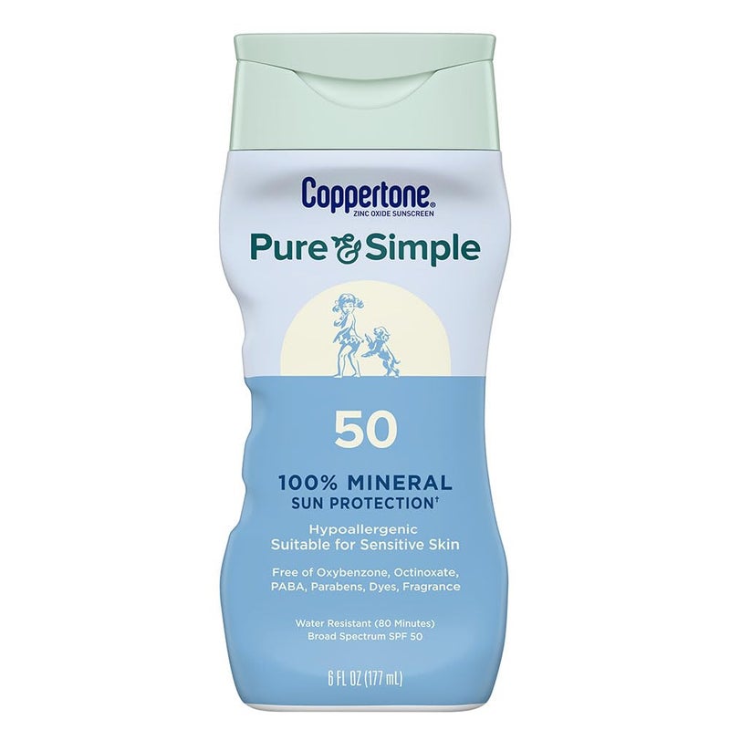 Coppertone Pure and Simple Zinc Oxide Mineral Sunscreen Lotion SPF 50, Water Resistant Sunscreen for Sensitive Skin, Hypoallergenic and Fragrance Free, 6 Fl Oz Bottle - Image 1