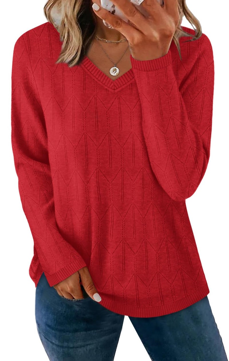 OFEEFAN Red Sweater for Woman Valentine's Day Shirts Going Out Spring Tops Date Night Outfits Long Sleeve Blouses Dressy Casual Fall Fashion 2026 L - Image 2