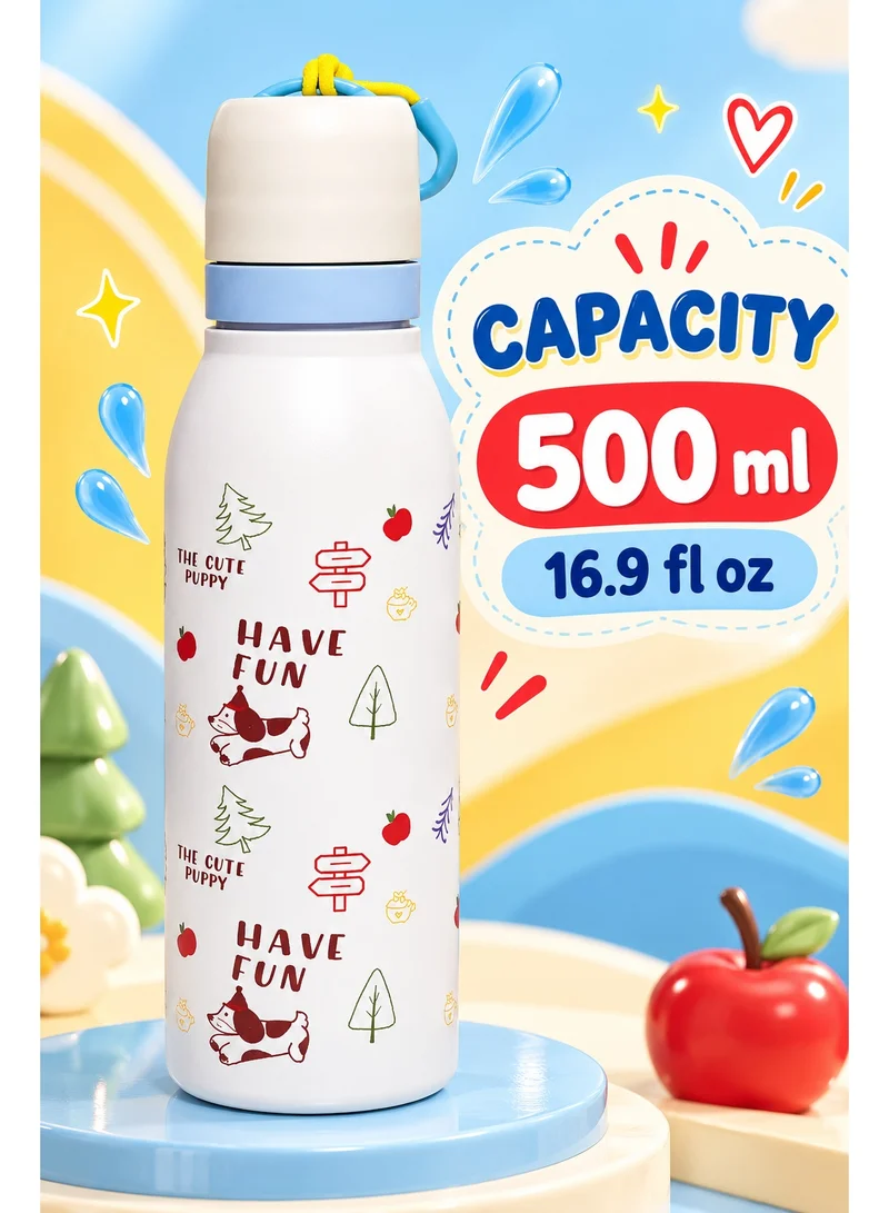 Tooly White Vacuum Insulated Stainless Steel Water Bottle (500ml) - Cute Puppy & "Have Fun" Print Design | Leak-Proof Hot & Cold Thermal Flask with Carrying Loop for Gym, School & Travel
