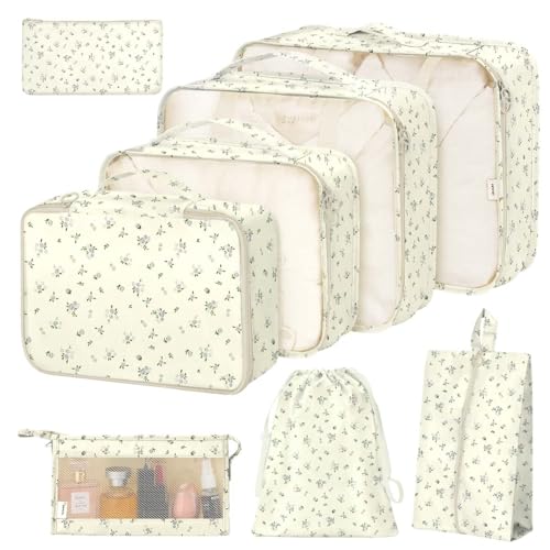 Hatisan 8 Set Packing Cubes for Suitcases Packing Cube with Shoe Cosmetics Clothing and Accessories Bags for Travel Luggage Organizer Women MenGrey Flowers - Image 1