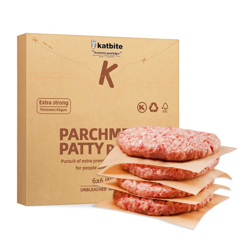 Katbite 300Pcs 6x6 Inches Patty Paper, Burger Patty Paper, Unbleached Parchment Sheets, Heavy Duty & Non-Stick, Squares for Seperating Patty, Cookies, Storing Foods Wrapping Candies - Image 1