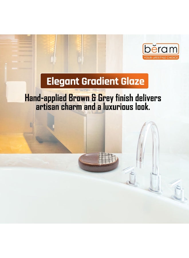 بيرام مجموعة أكسسوارات حمام سيراميك بالتنقيط البني والرمادي من برام 4 قطع بتشطيب ملمس مع موزع صابون وحامل فرشاة أسنان وكوب وصحن صابون بمظهر فني يدوي الصنع (حامل صابون) - Image 5