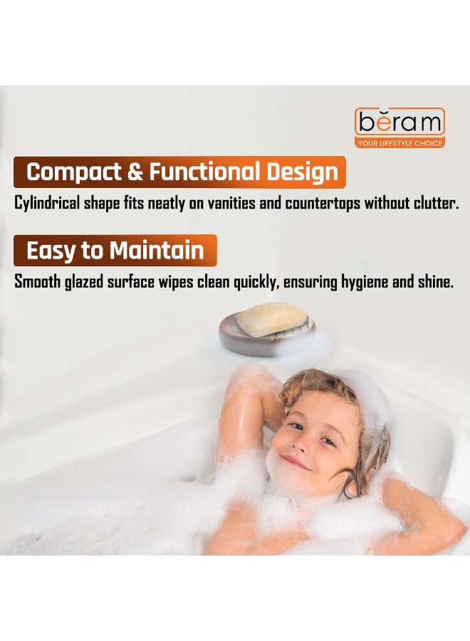 بيرام مجموعة أكسسوارات حمام سيراميك بالتنقيط البني والرمادي من برام 4 قطع بتشطيب ملمس مع موزع صابون وحامل فرشاة أسنان وكوب وصحن صابون بمظهر فني يدوي الصنع (حامل صابون) - Image 3