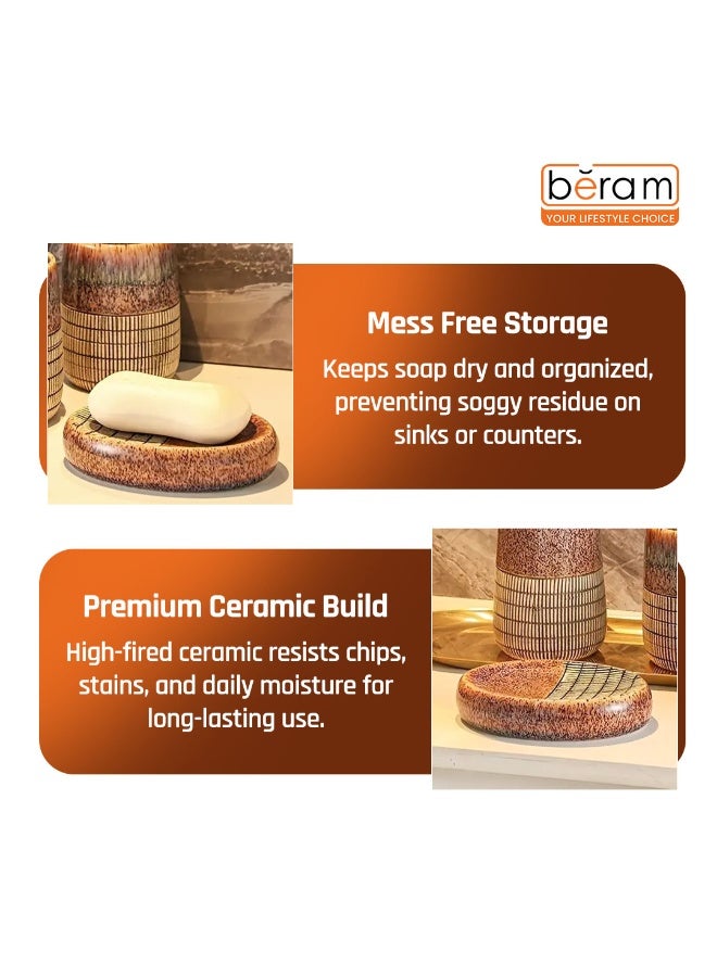 بيرام مجموعة أكسسوارات حمام سيراميك بالتنقيط البني والرمادي من برام 4 قطع بتشطيب ملمس مع موزع صابون وحامل فرشاة أسنان وكوب وصحن صابون بمظهر فني يدوي الصنع (حامل صابون) - Image 4