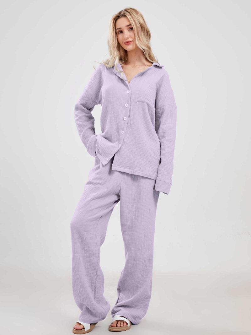 codcm Womens Pajama Sets Cotton Pj Set Cute Heart Print Long Sleeve Button Shirt With Pants(Purple,X-Large) - Image 4