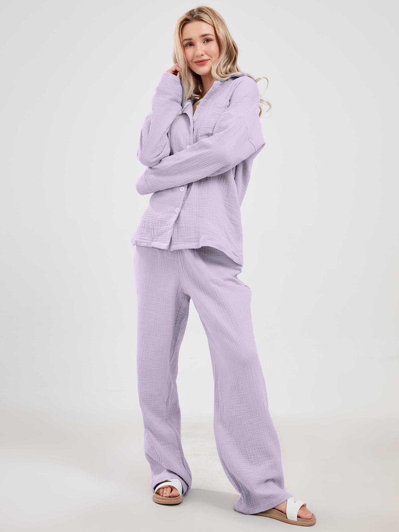 codcm Womens Pajama Sets Cotton Pj Set Cute Heart Print Long Sleeve Button Shirt With Pants(Purple,X-Large) - Image 3