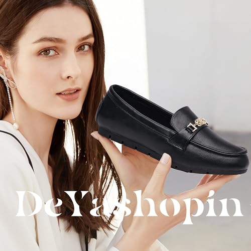 DeYashopin Women's Loafer Shoes Leisure Slip On Work Shoes Comfort Walking Flats Black Leather 10 - Image 2