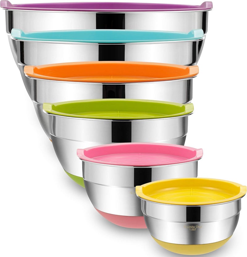 Umite Chef Mixing Bowls with Airtight Lids, 6 Piece Stainless Steel Metal Bowls, Measurement Marks & Colorful Non-Slip Bottoms Size 7, 3.5, 2.5, 2.0,1.5, 1QT, Great for Mixing & Serving - Image 1