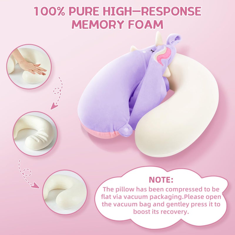 OBloved Kids Neck Pillow for Traveling, Unicorn Kids Travel Pillow with Eye Mask, Toddler Travel Essentials for Road Trip Airplane Flight Car Seat, Cute Cartoon Headrest Memory Foam Pillows Gift for Girl Boy - Image 3