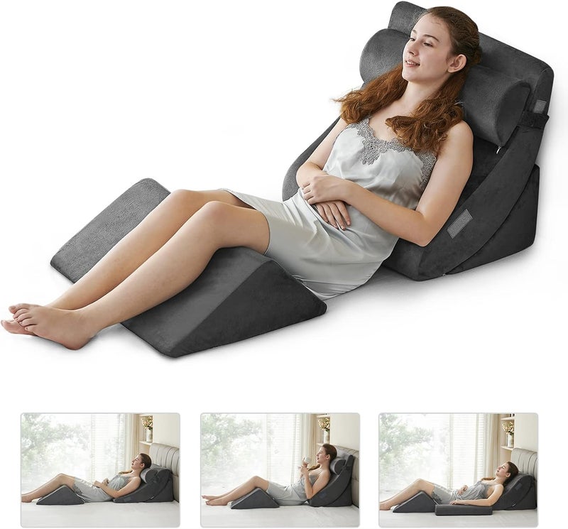 Ganaver 4pcs Orthopedic Bed Wedge Pillow Set Post Surgery Relaxing Back Adjustable Head Support Cushion Triangle Memory Foam Pillow for Acid Reflux Sleeping Reading Leg Elevation Snoring - Image 1