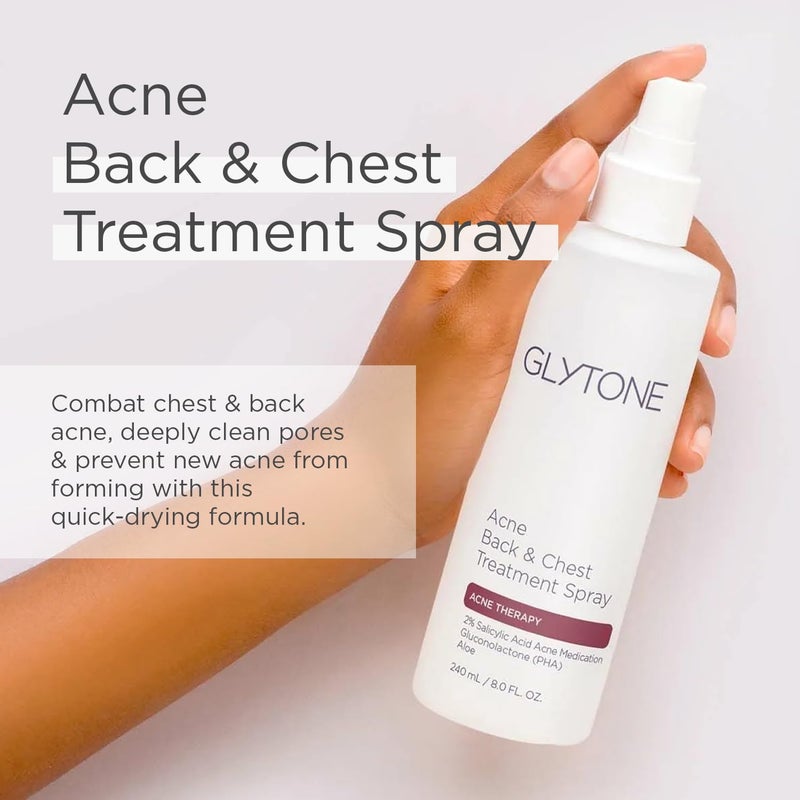 Glytone Chest & Back Acne Treatment Spray â€“ 2% BHA Salicylic Acid with Gluconolactone â€“ Body Acne Treatment for Bacne & Blackheads â€“ Quick-Dry & Fragrance-Free Spray for Normal to Oily Skin â€“ 8 fl oz - Image 2