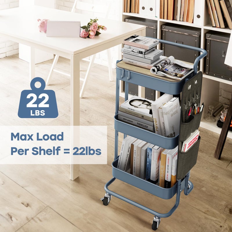 DTK 3 Tier Metal Utility Rolling Cart with Table Top and Side Bags, Metal Tray Storage Organizer Cart with Wheels, Art Craft Cart with 4 Hooks for Kitchen Bathroom Office Living Room (Blue) - Image 3