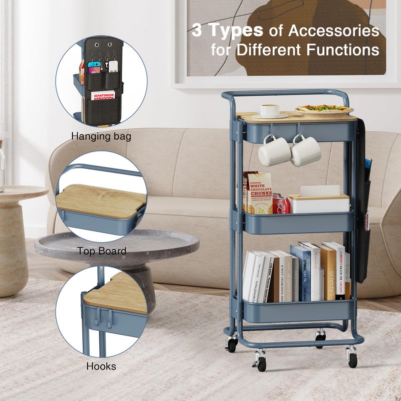 DTK 3 Tier Metal Utility Rolling Cart with Table Top and Side Bags, Metal Tray Storage Organizer Cart with Wheels, Art Craft Cart with 4 Hooks for Kitchen Bathroom Office Living Room (Blue) - Image 5