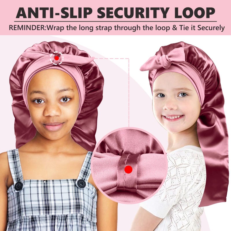 Himoswis Long Kids Bonnets For Girls Double Layer Satin Bonnet For Sleeping Kids Bonnet For Kids Braids Long Hair Rose Gold - Image 2