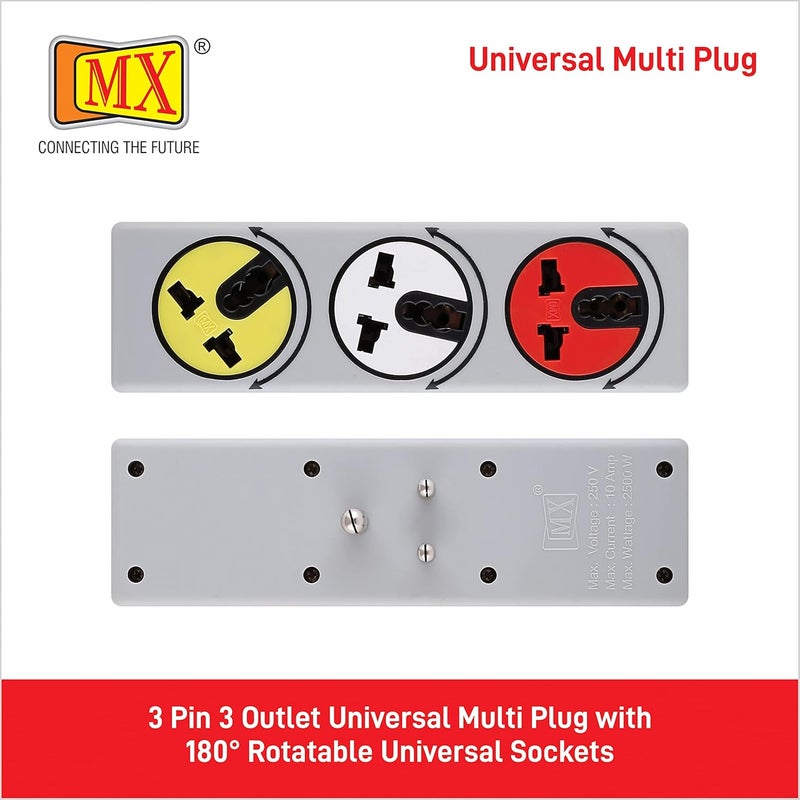 MX 3 Pin 3 Outlets 5AMP Universal Conversion Multi Plug with 180° Rotatable Universal Sockets ABS Virgin Plastic Body Material Multi- Use Socket Connector use in Home Offices Schools etc - Image 2