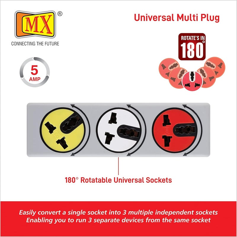 MX 3 Pin 3 Outlets 5AMP Universal Conversion Multi Plug with 180° Rotatable Universal Sockets ABS Virgin Plastic Body Material Multi- Use Socket Connector use in Home Offices Schools etc - Image 3