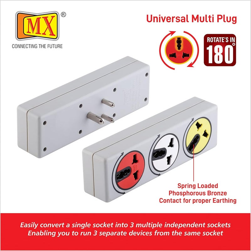 MX 3 Pin 3 Outlets 5AMP Universal Conversion Multi Plug with 180° Rotatable Universal Sockets ABS Virgin Plastic Body Material Multi- Use Socket Connector use in Home Offices Schools etc - Image 5