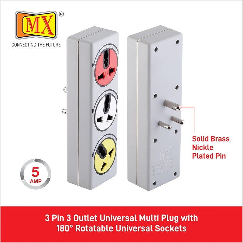 MX 3 Pin 3 Outlets 5AMP Universal Conversion Multi Plug with 180° Rotatable Universal Sockets ABS Virgin Plastic Body Material Multi- Use Socket Connector use in Home Offices Schools etc - Image 4