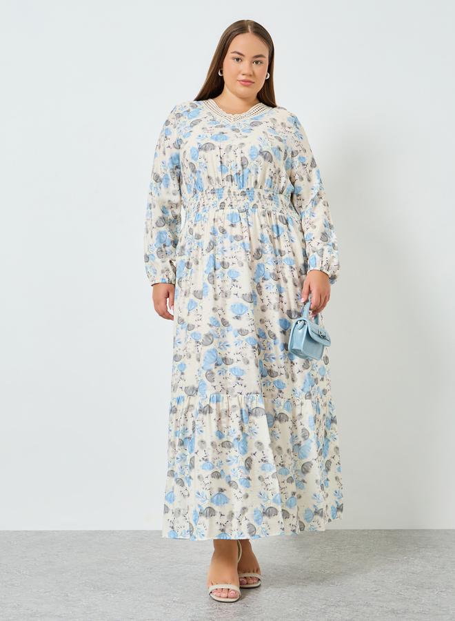 Plus Size Floral Long Sleeves A-Line Maxi Dress
