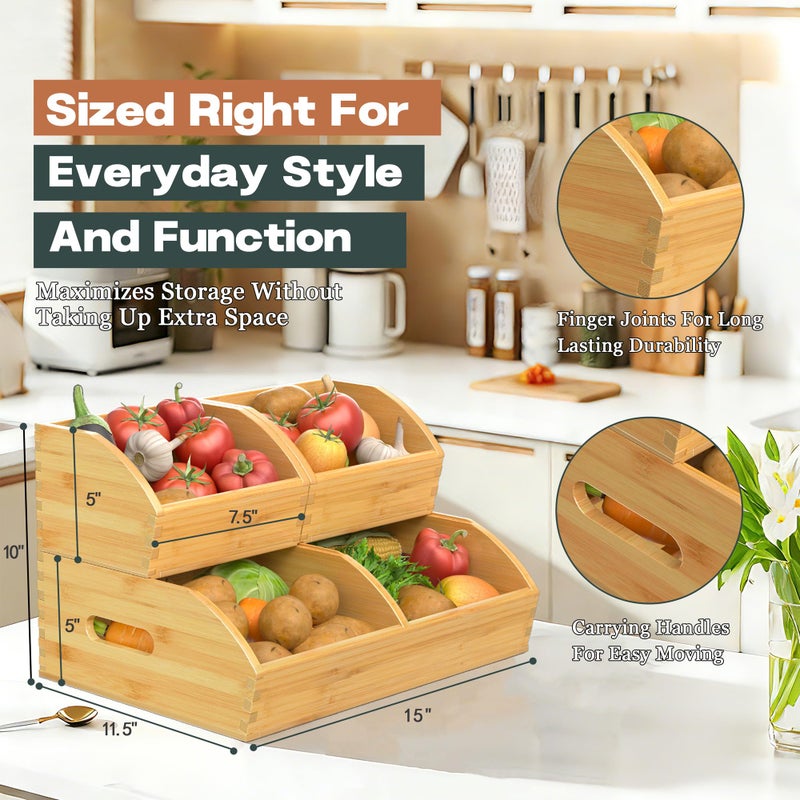 TQQDCI Potato and Onion Storage Bin, Stackable Pantry Organizers for Kitchen Countertop, Ventilated Bamboo Storage Baskets with Handles, Multipurpose Organization Containers for Fruit, Vegetable, 3 Pack - Image 4
