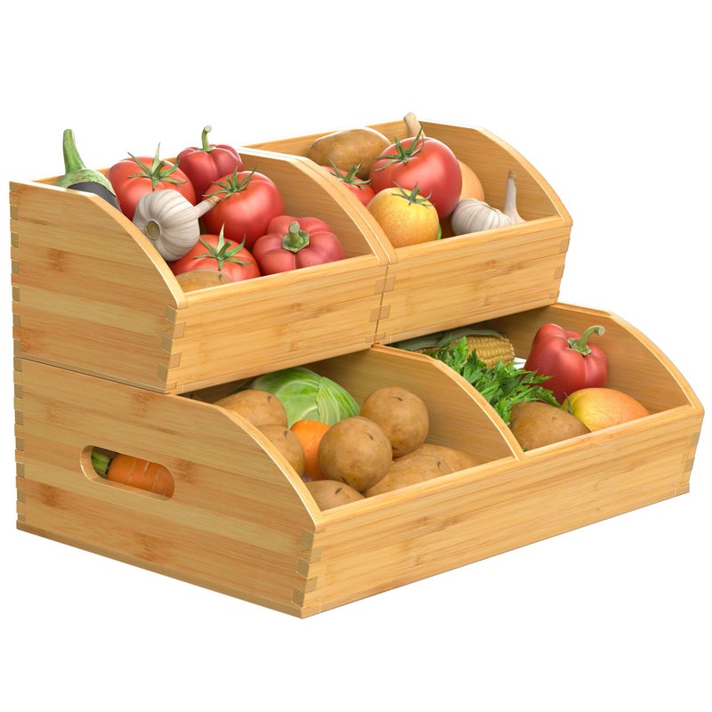 TQQDCI Potato and Onion Storage Bin, Stackable Pantry Organizers for Kitchen Countertop, Ventilated Bamboo Storage Baskets with Handles, Multipurpose Organization Containers for Fruit, Vegetable, 3 Pack - Image 1