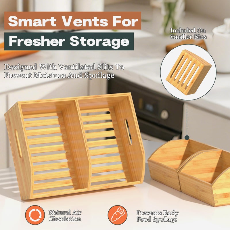TQQDCI Potato and Onion Storage Bin, Stackable Pantry Organizers for Kitchen Countertop, Ventilated Bamboo Storage Baskets with Handles, Multipurpose Organization Containers for Fruit, Vegetable, 3 Pack - Image 3