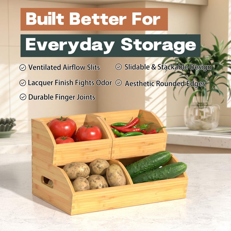 TQQDCI Potato and Onion Storage Bin, Stackable Pantry Organizers for Kitchen Countertop, Ventilated Bamboo Storage Baskets with Handles, Multipurpose Organization Containers for Fruit, Vegetable, 3 Pack - Image 2