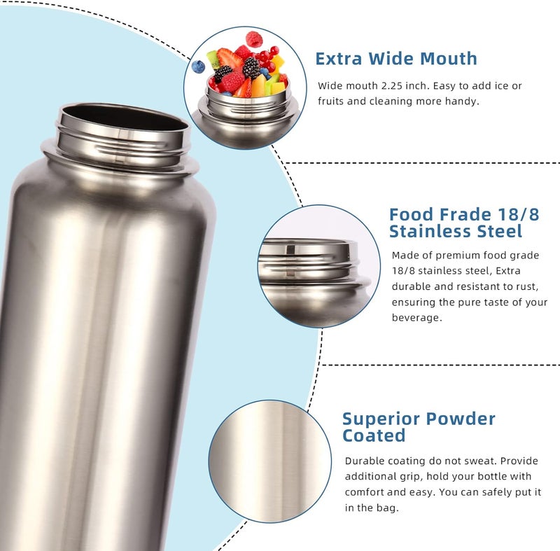 Volhoply Insulated Water Bottles Bulk 2 Pack, 40 oz Stainless Steel Sports Bottle with Paracord Handle & Spout Lid, Double Walled Vacuum Metal Cups,Reusable Big Water jug for Hiking(Silver,2 Set) - Image 4