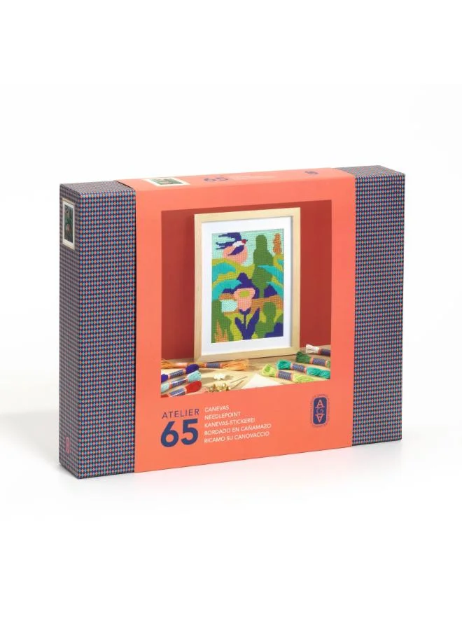 DJECO Djeco Atelier 65 Needlepoint Art Kit, DIY Embroidery Set with Printed Canvas, Coloured Threads, Needles, Threader, Pins, Wooden Frame, Creative Craft Kit for Home Decorative Textile Art