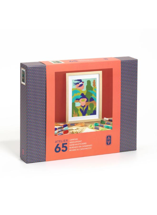 Djeco Atelier 65 Needlepoint Art Kit, DIY Embroidery Set with Printed Canvas, Coloured Threads, Needles, Threader, Pins, Wooden Frame, Creative Craft Kit for Home Decorative Textile Art - Image 1